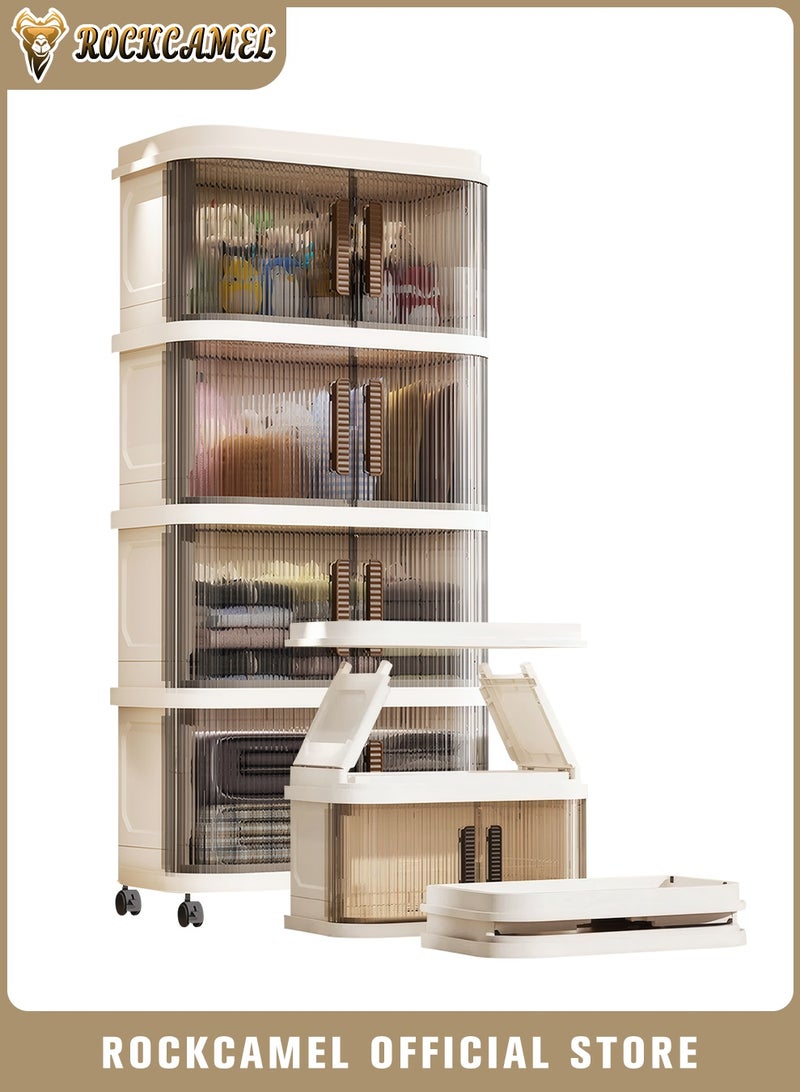 ROCKCAMEL خزانة تخزين قابلة للطي متعددة الوظائف، صناديق تخزين بلاستيكية قابلة للتراص من 4 طبقات مع عجلات عالمية وأبواب مزدوجة فتحة واضحة، صندوق تخزين الألعاب، خزانة الوجبات الخفيفة، حامل الكتب للمنزل والمكتب (48*29*91 سم) - Image 1