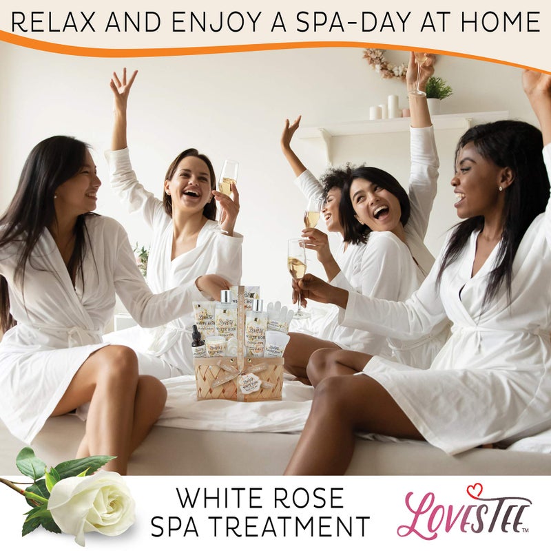 Lovestee Valentines Day Bath & Body Spa Gift Basket for Women, Best Gift for Mother's Day & Birthday, White Rose Set Body Lotion, Shower Gel, Bubble Bath, Bath Salt, Towel, Soap, Oil, Candle, Gloves, - Image 3