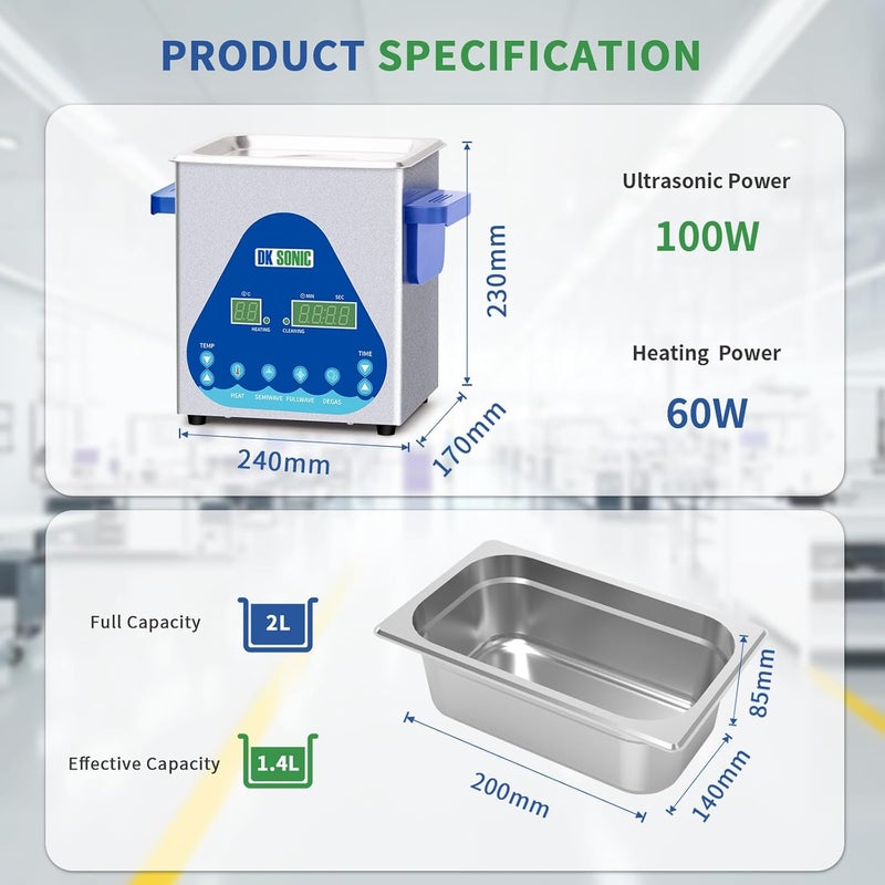 DK SONIC Ultrasonic Cleaner 2L,60W Professional Ultrasonic Jewelry Cleaner with Heater&Timer,Digital Control&Basket, Multiple Functions for Jewelry,Glasses,Chains, Watches - Image 4