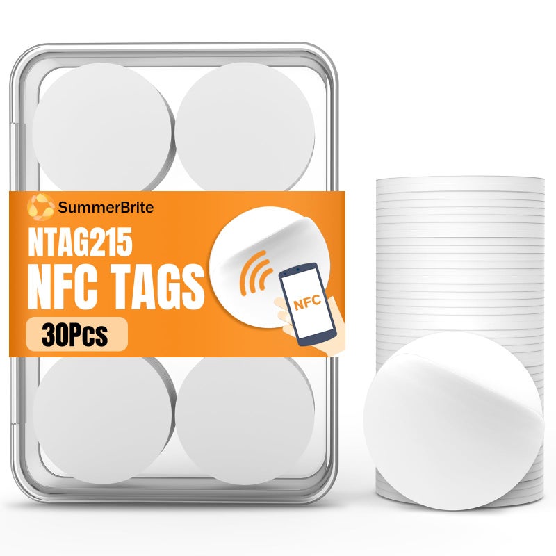 Summerbrite 30 Pcs NFC Tags NTAG215 Blank NFC Cards Stickers, Rewritable Programmable NFC 215 Chip NFC Coins with Adhesive Back, 504 Bytes Memory, Compatible with TagMo and NFC Enabled Devices - Image 1