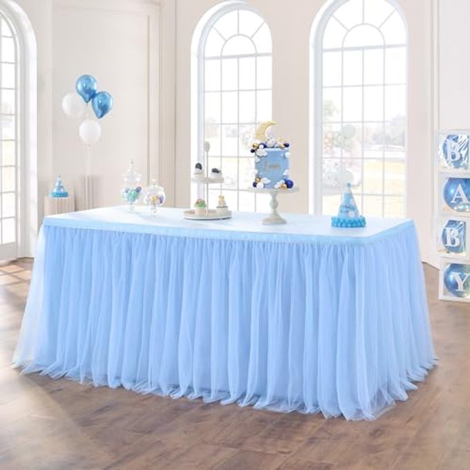 72in Baby Blue Tulle Table Skirts for Rectangle Tables 6/4ft, 2-Layer Gold Grim Ruffle Tulle Tutu Blue Cloth Table Skirt 6ft Decor Boy Birthday Party Baby Shower Cake Dessert Tables(No Table Cover)