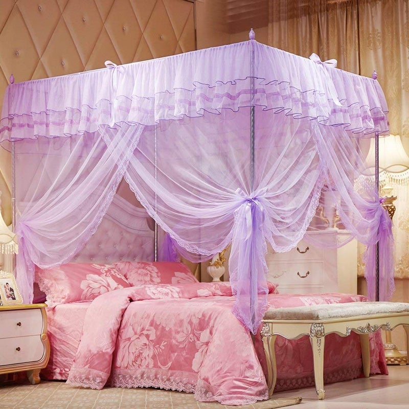 UOZZI BEDDING 4 Corners Post Purple Canopy Bed Curtain for Girls & Adults - Cute Cozy Drape Square Netting for Twin Bed - 4 Opening 47" W x 78" L Mosquito Net - Princess Bedroom Decoration - Image 1