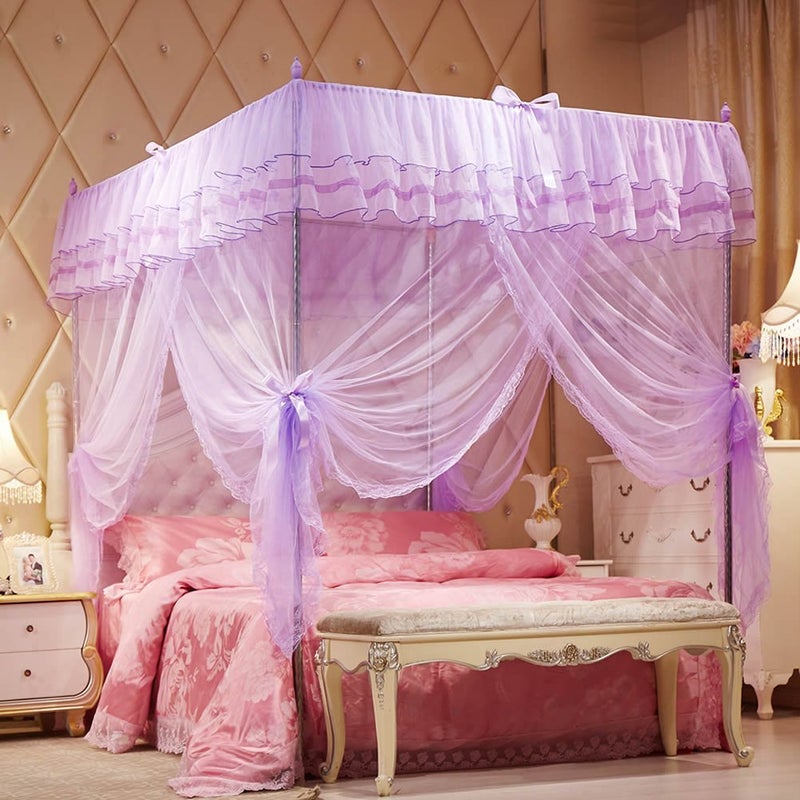 UOZZI BEDDING 4 Corners Post Purple Canopy Bed Curtain for Girls & Adults - Cute Cozy Drape Square Netting for Twin Bed - 4 Opening 47" W x 78" L Mosquito Net - Princess Bedroom Decoration - Image 2