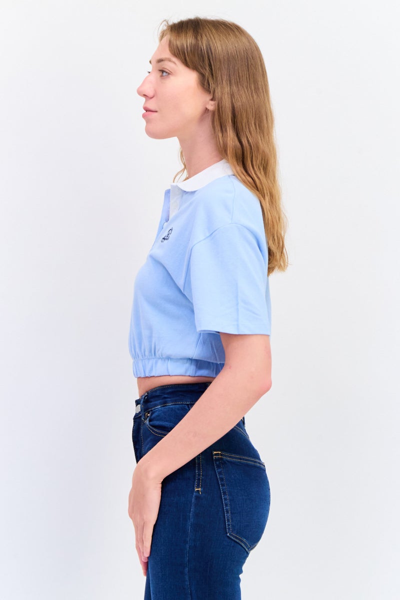 H&M Women Spread Collar Short Embroidered Crop Top, Pale Blue  - Image 2