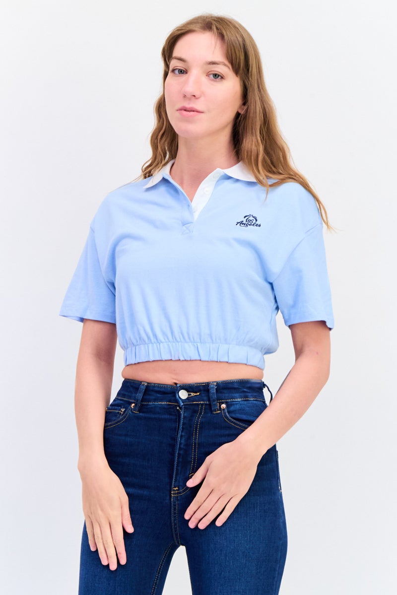 H&M Women Spread Collar Short Embroidered Crop Top, Pale Blue  - Image 1