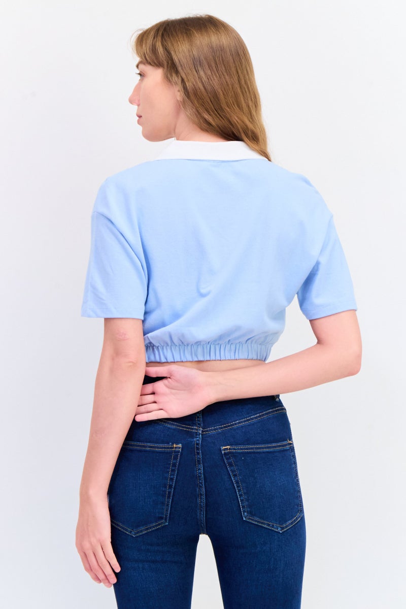 H&M Women Spread Collar Short Embroidered Crop Top, Pale Blue  - Image 3