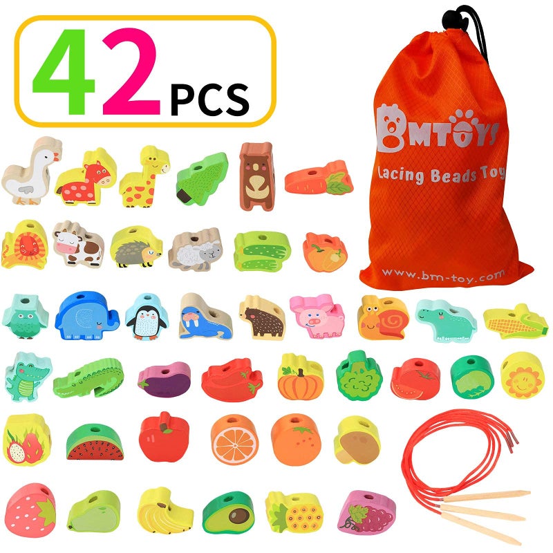 BMTOYS Montessori Educational Threading Toys Wooden Stringing Farm Animals Fruits Lacing Beads Preschool Toy for Toddler 3 4 5 Year Old Boys Girls - Image 2