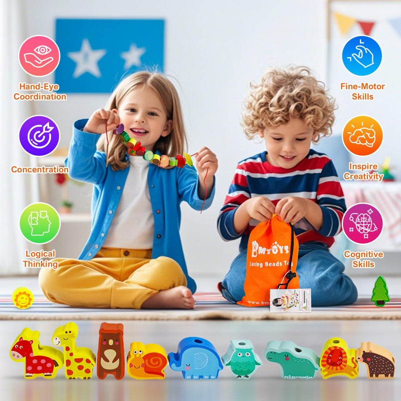 BMTOYS Montessori Educational Threading Toys Wooden Stringing Farm Animals Fruits Lacing Beads Preschool Toy for Toddler 3 4 5 Year Old Boys Girls - Image 4
