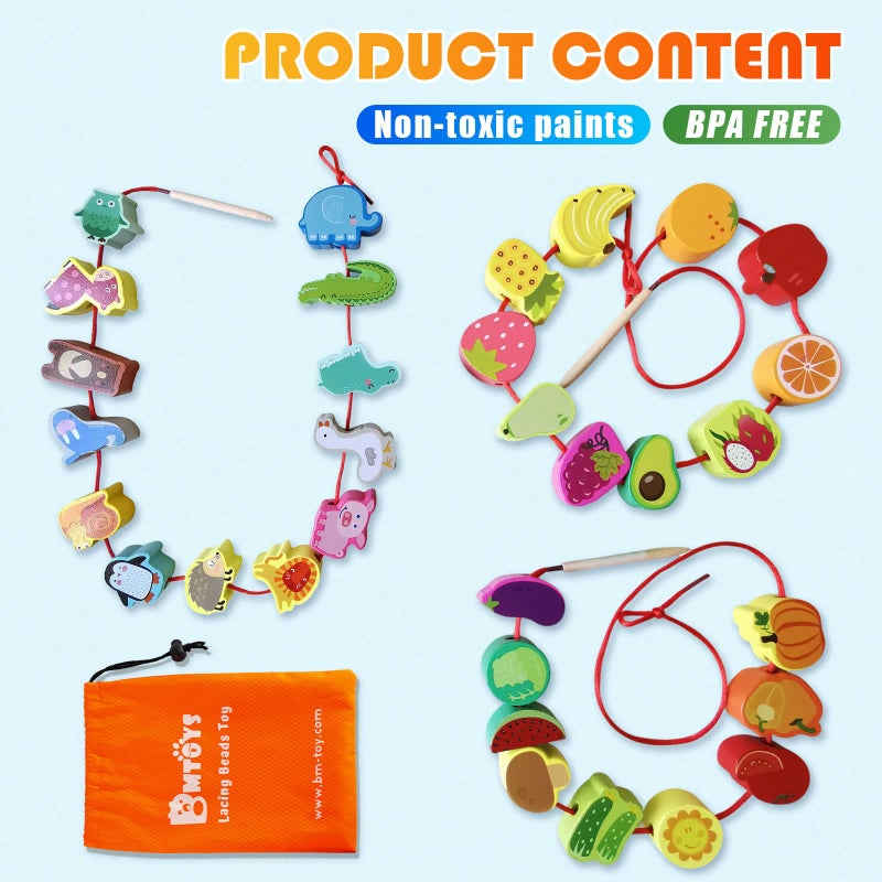 BMTOYS Montessori Educational Threading Toys Wooden Stringing Farm Animals Fruits Lacing Beads Preschool Toy for Toddler 3 4 5 Year Old Boys Girls - Image 3
