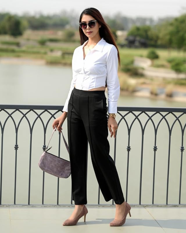 Mlada Store Mlada Mid Waist Wide Leg Flared Trouser Elastic Waist Band for Women Office Work Formal Wear Stretch Cotton Knit Flare Pants Utility Pockets Extra Flare Pants Trousers for Travel Black - Image 3