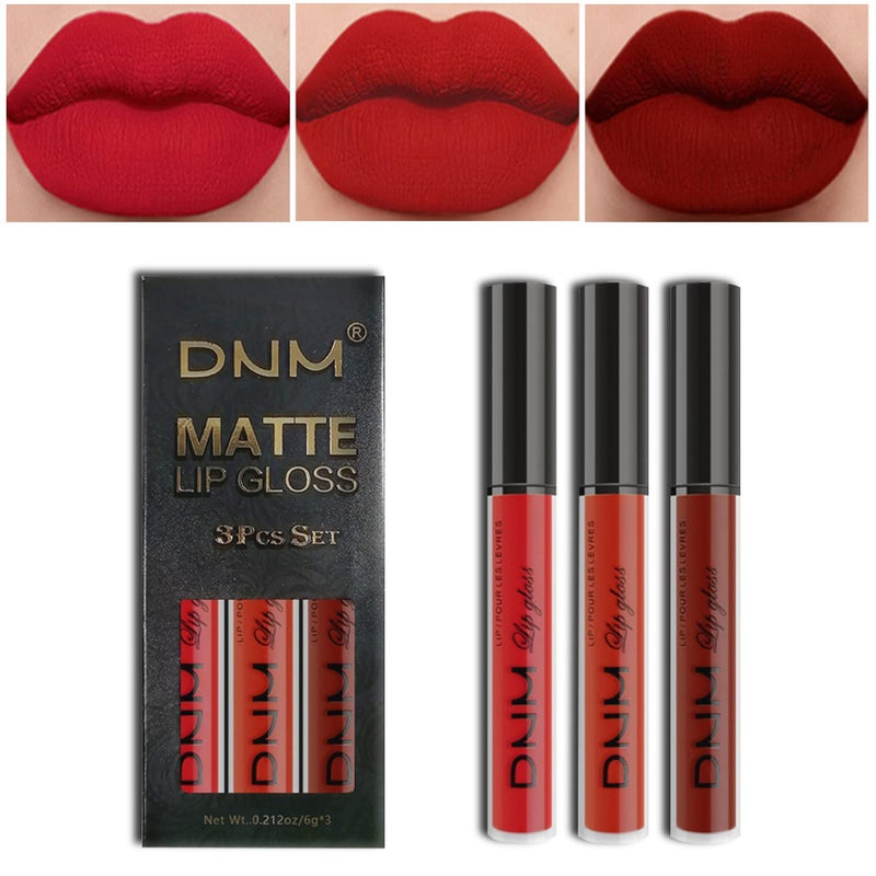 DNM 3Pcs Bright Red Matte Liquid Lipstick Sets, Lip Stain Long Lasting 24 Waterproof Lip Gloss Gift Set Matt Makeup for Women Lippies (05) - Image 1