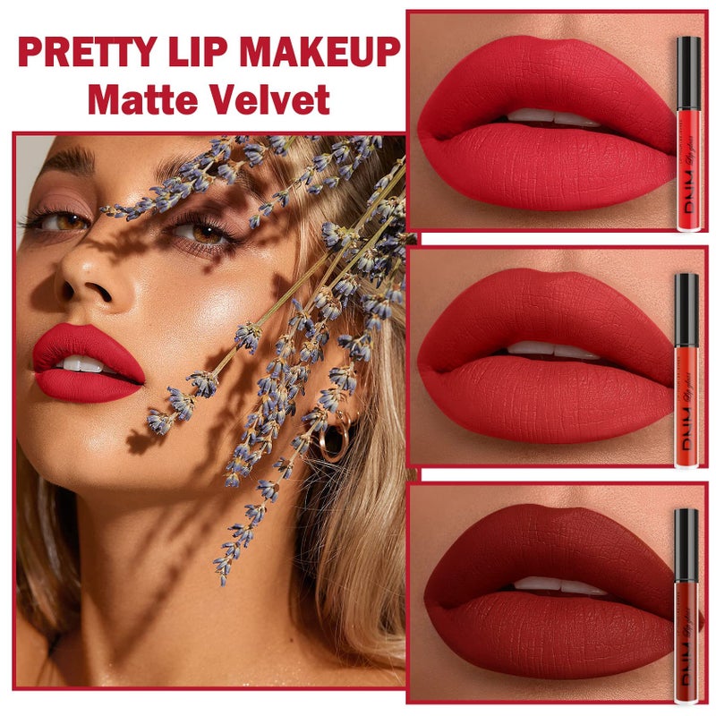 DNM 3Pcs Bright Red Matte Liquid Lipstick Sets, Lip Stain Long Lasting 24 Waterproof Lip Gloss Gift Set Matt Makeup for Women Lippies (05) - Image 2