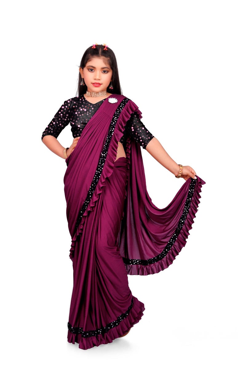 A To Z Cart Girls Spandex Ready to Wear Embellished Bollywood Blend Saree K Anjavi Wine-L-1 - Image 1