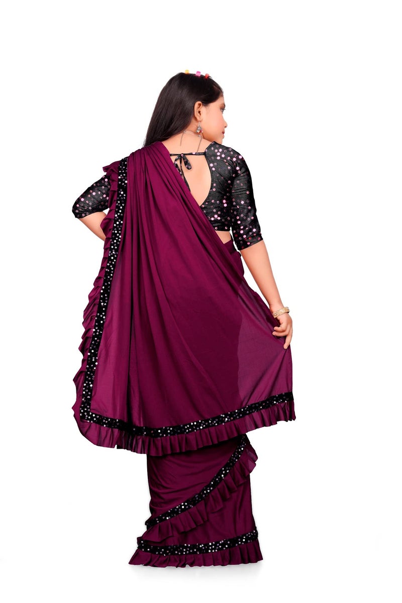 A To Z Cart Girls Spandex Ready to Wear Embellished Bollywood Blend Saree K Anjavi Wine-L-1 - Image 2