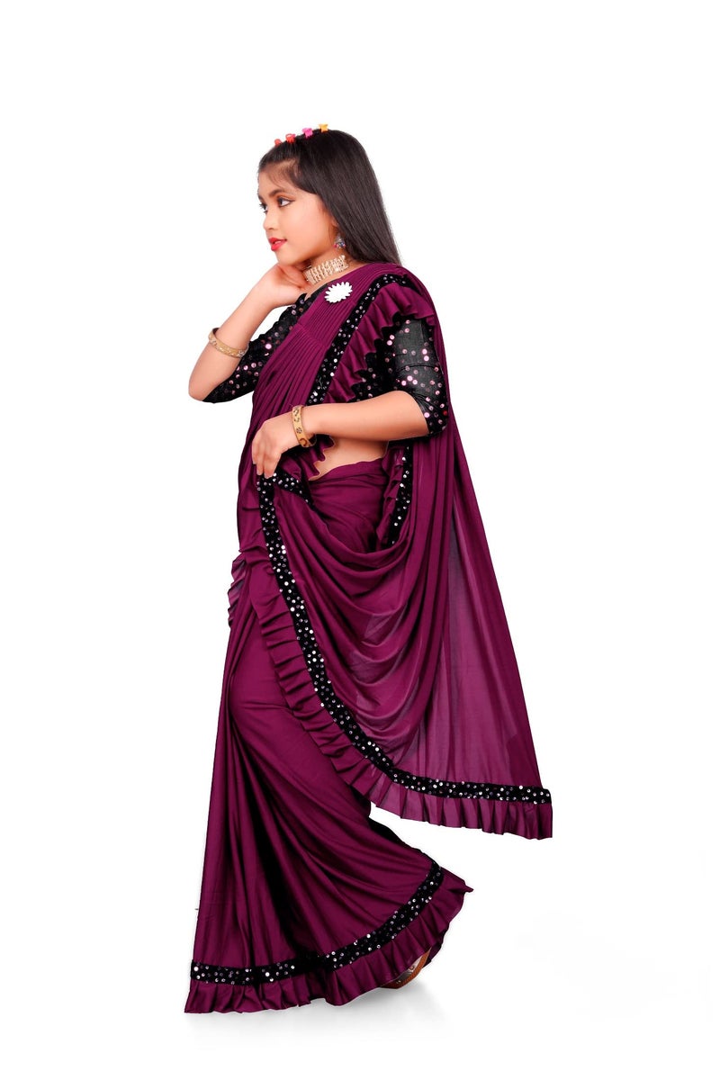 A To Z Cart Girls Spandex Ready to Wear Embellished Bollywood Blend Saree K Anjavi Wine-L-1 - Image 3
