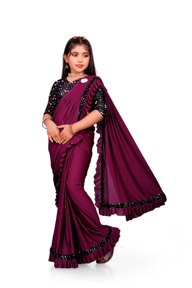 A To Z Cart Girls Spandex Ready to Wear Embellished Bollywood Blend Saree K Anjavi Wine-L-1 - Image 4