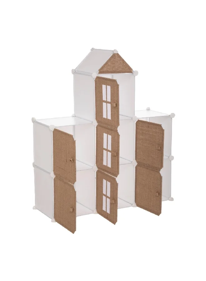 atmosphera 7-Compartment Jute and Iron Kids Storage Castle Brown and White 109 x 94.5 x 32 cm 188276