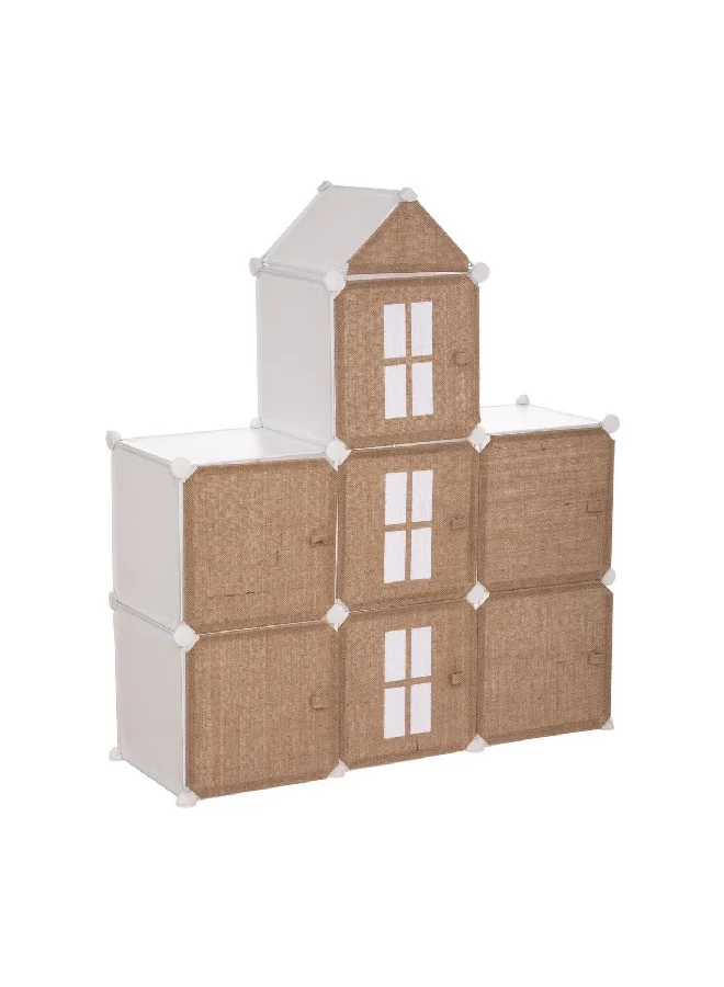 atmosphera 7-Compartment Jute and Iron Kids Storage Castle Brown and White 109 x 94.5 x 32 cm 188276