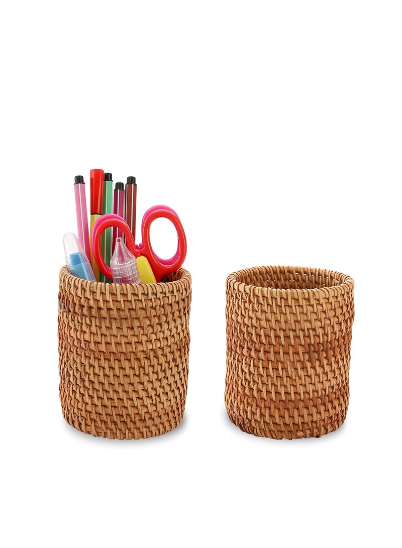 Handmade Rattan Pencil Holder Set - Versatile Organizer for Desk, Makeup Brushes, Toothbrushes & More - 2PCS Boho Style for Home & Office - Image 1