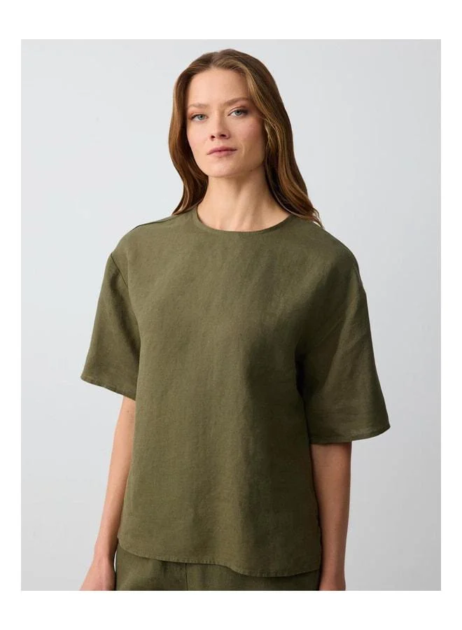 Jimmy Key Khaki 100% Linen Relaxed Fit Short Sleeve Polo Collar Blouse.