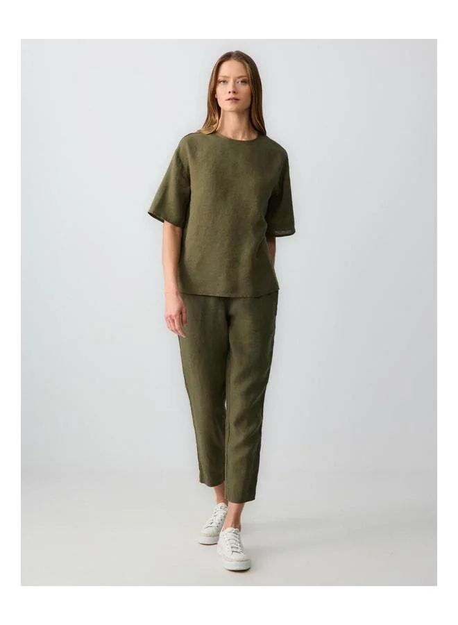 Jimmy Key Khaki 100% Linen Relaxed Fit Short Sleeve Polo Collar Blouse.