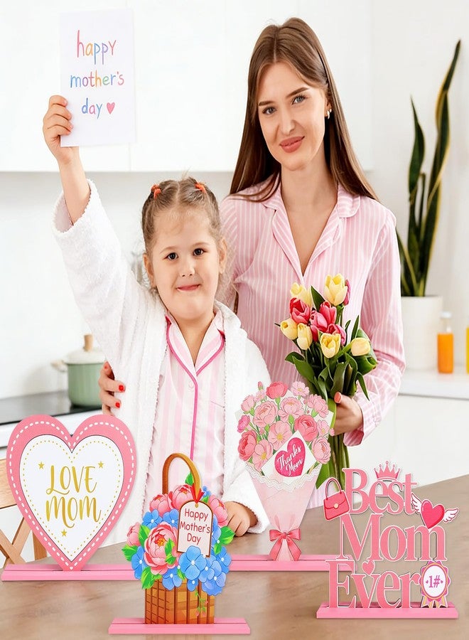 Fangoo 4 Pcs Mother's Day Table Centerpieces Decorations Wooden Happy Mother's Day Table Topper Sign Mom's Birthday Party Gift Home Decor Photo Props Best Mom Ever Detachable Decoration - Image 5