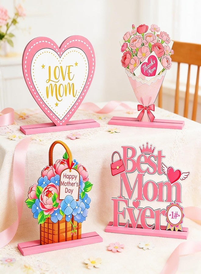 Fangoo 4 Pcs Mother's Day Table Centerpieces Decorations Wooden Happy Mother's Day Table Topper Sign Mom's Birthday Party Gift Home Decor Photo Props Best Mom Ever Detachable Decoration - Image 4