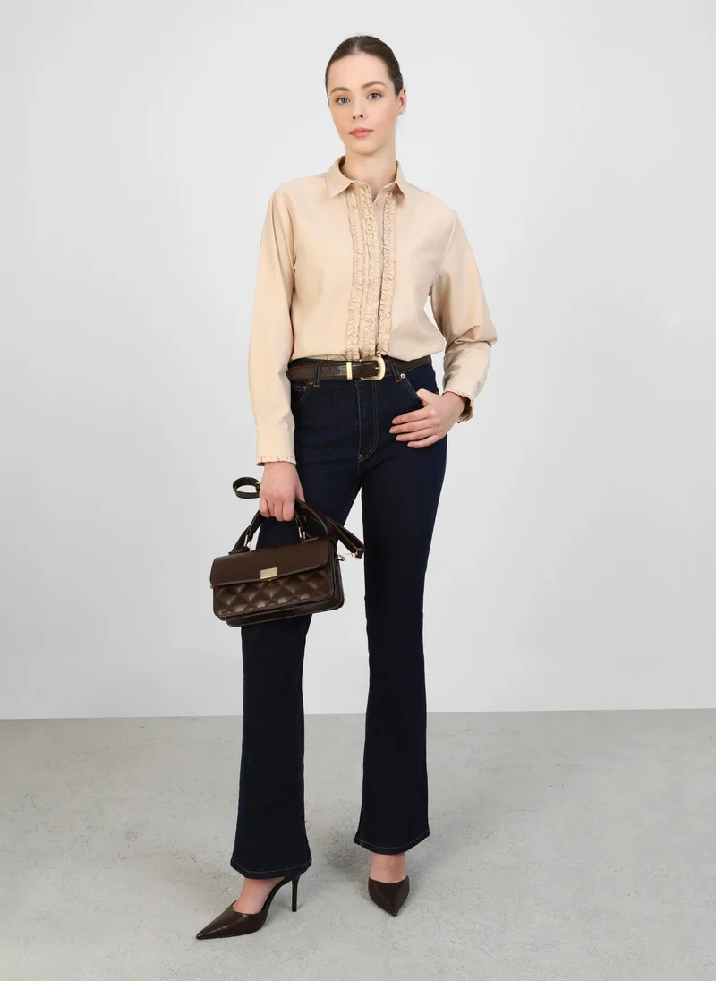 رفقة من مودانيسا Poplin Shirt with Ruffled Collar - Beige - Refka