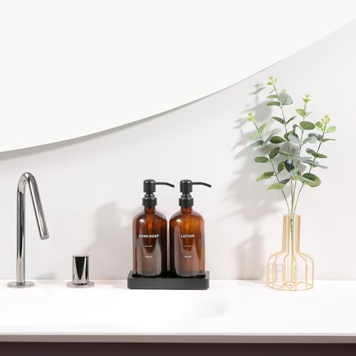 Prus Waso Amber Glass Soap Dispenser Set, Hand Soap and Lotion Set with Black Stainless Steel Pump, Perfect for Modern Bathroom Decor. (Amber) - Image 3