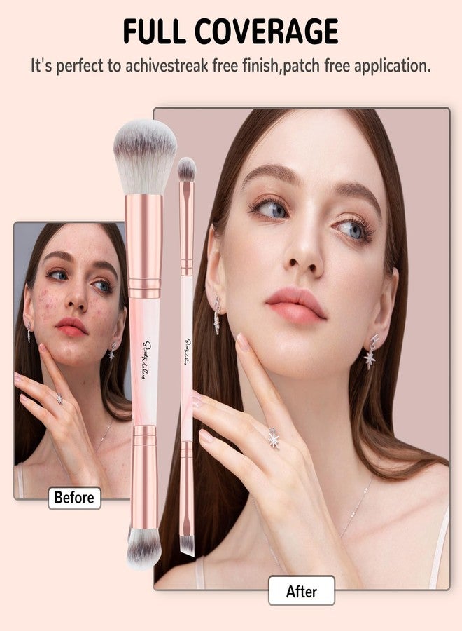 START MAKERS Makeup Brushes Dual Ended, 2Pcs Foundation Contour Concealer Brush Set for Blending Buffing Highlighting Setting, Professional Women Liquid Cream Powder Make up Brushes Set, Pink - Image 5