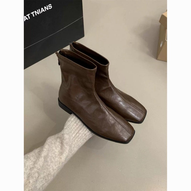 Niche Korean Style Thin Boots French Style Naked Boots Brown Waste Earth Style Short Boots Thick Heel Women'S Boots - Image 2