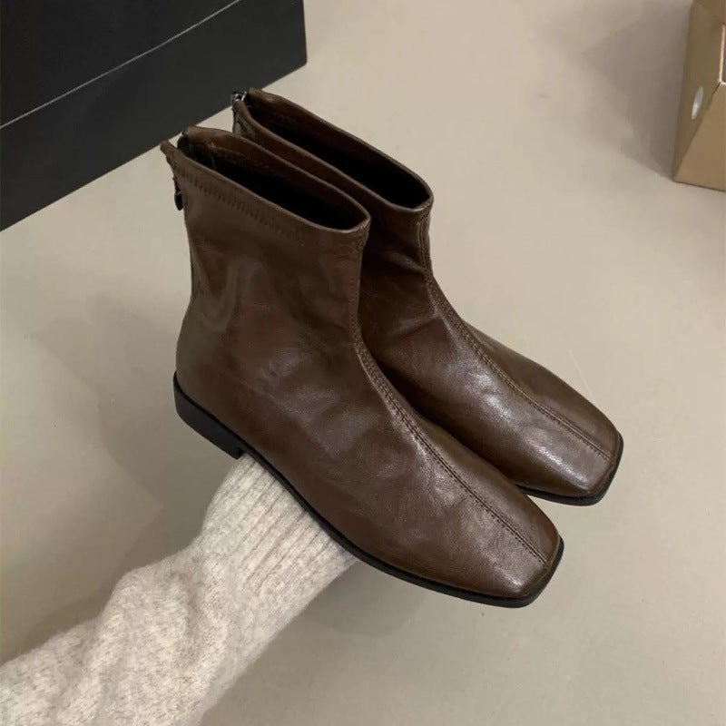 Niche Korean Style Thin Boots French Style Naked Boots Brown Waste Earth Style Short Boots Thick Heel Women'S Boots - Image 1