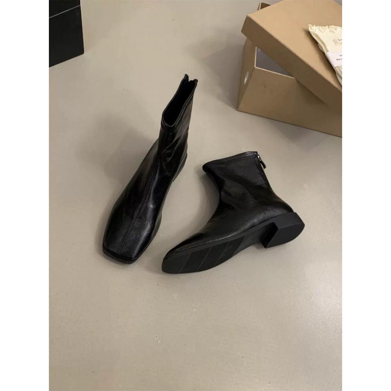 Niche Korean Style Thin Boots French Style Naked Boots Brown Waste Earth Style Short Boots Thick Heel Women'S Boots - Image 3