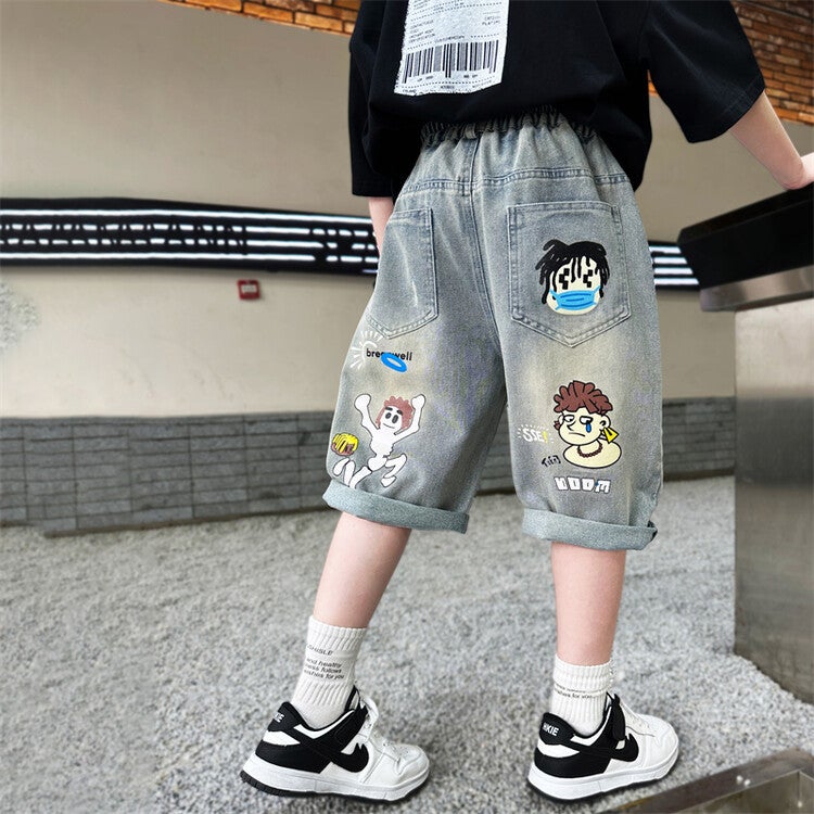 Boys Summer Denim Shorts Thin Section Kidsren'S Clothing Boys Big Kidsren Three-Quarter Pants Outer Wear Handsome And Trendy - Image 1