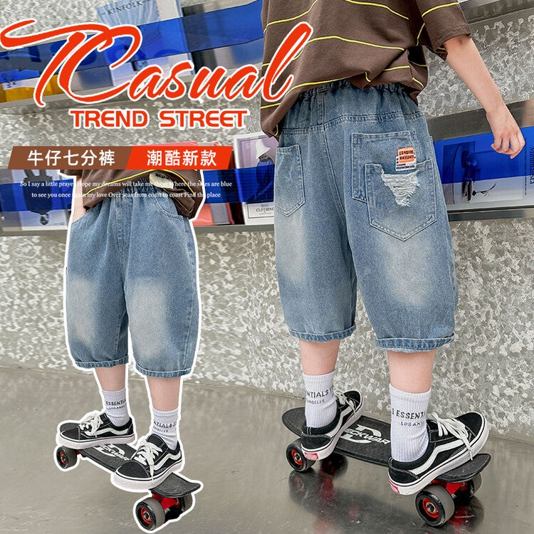 Boys Summer Denim Shorts Thin Section Kidsren'S Clothing Boys Big Kidsren Three-Quarter Pants Outer Wear Handsome And Trendy - Image 5
