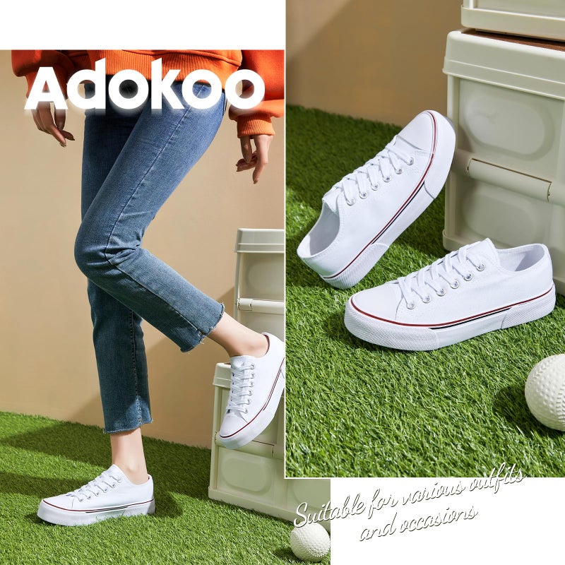 Adokoo Canvas Tennis Shoes for Women Low Top Casual White Black Sneakers for Women Lace Up Fashion Comfortable Walking Shoes (White,11) - Image 2