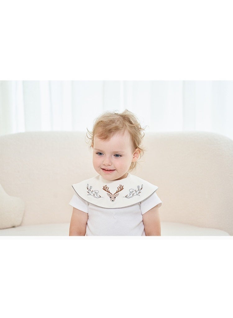 Premium Embroidered Cotton Baby Bib with Deer and Floral Design - Waterproof Adjustable Drool Bib, Rolled Edge for Elegant Protection - Image 5