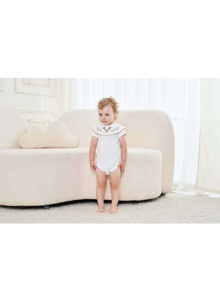 Premium Embroidered Cotton Baby Bib with Deer and Floral Design - Waterproof Adjustable Drool Bib, Rolled Edge for Elegant Protection - Image 3