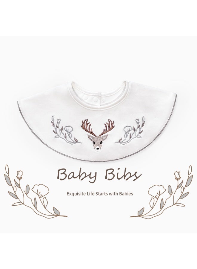 Premium Embroidered Cotton Baby Bib with Deer and Floral Design - Waterproof Adjustable Drool Bib, Rolled Edge for Elegant Protection - Image 2