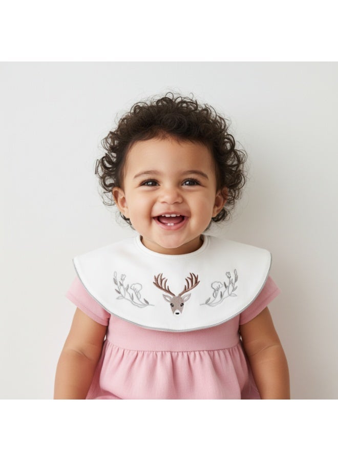 Premium Embroidered Cotton Baby Bib with Deer and Floral Design - Waterproof Adjustable Drool Bib, Rolled Edge for Elegant Protection - Image 1