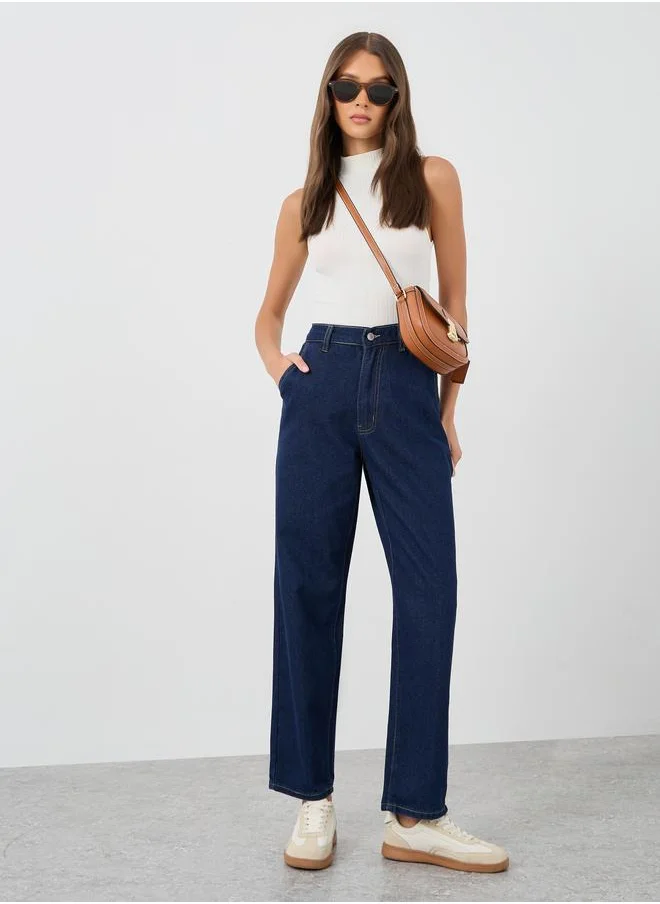 ستايلي Styli Solid Mid Rise Straight Fit Jeans