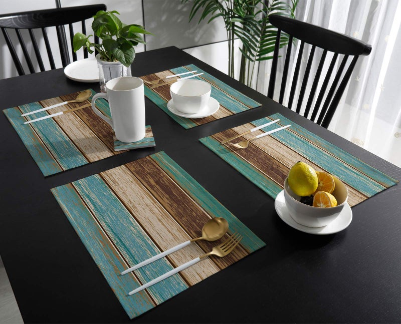 Vandarllin Placemats Set of 6  Retro Rustic Wood Texture Polyester Stain Resistant Table Mats Washable Placemat Decoration for Kitchen Dining Table Teal Green Brown - Image 2