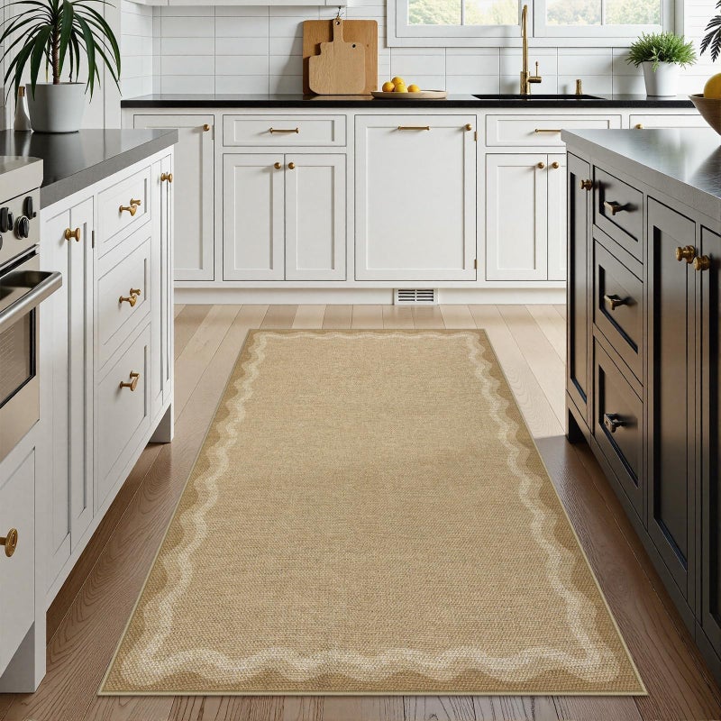 LIVEBOX Scalloped Washable 3x5 Outdoor Rug, Easy Jute Geometric Tan Rug for Entryway, Indoor Non Slip Patio Rugs Farmhouse Carpet Area Rug for Bedroom Living Room Kitchen Bathroom Front Door Mat Porch - Image 2
