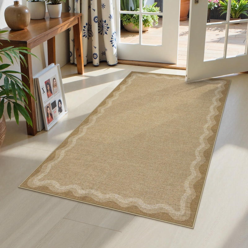 LIVEBOX Scalloped Washable 3x5 Outdoor Rug, Easy Jute Geometric Tan Rug for Entryway, Indoor Non Slip Patio Rugs Farmhouse Carpet Area Rug for Bedroom Living Room Kitchen Bathroom Front Door Mat Porch - Image 1