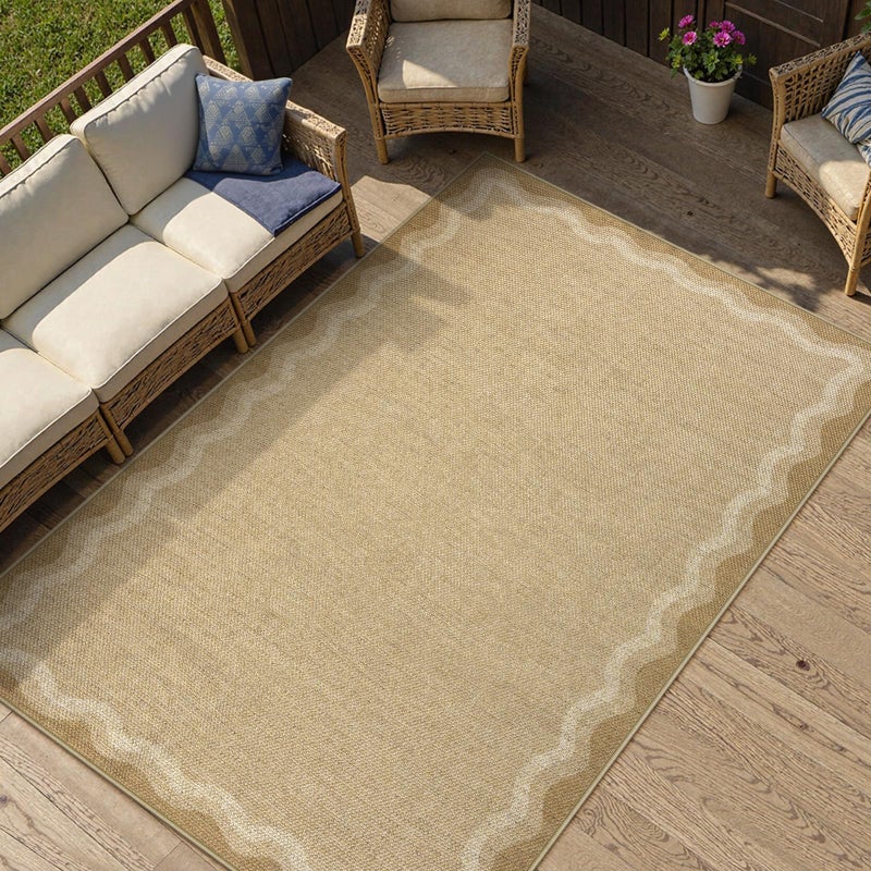 LIVEBOX Scalloped Washable 3x5 Outdoor Rug, Easy Jute Geometric Tan Rug for Entryway, Indoor Non Slip Patio Rugs Farmhouse Carpet Area Rug for Bedroom Living Room Kitchen Bathroom Front Door Mat Porch - Image 3
