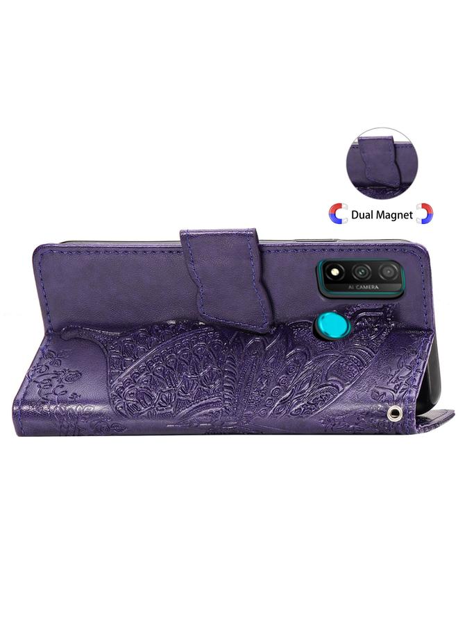 جرين تايجر جراب لهاتف Huawei P Smart 2020، جراب جلدي أفقي منقوش عليه زهرة حب الفراشة مع حامل / فتحة بطاقة / محفظة / حبل تعليق - Image 3