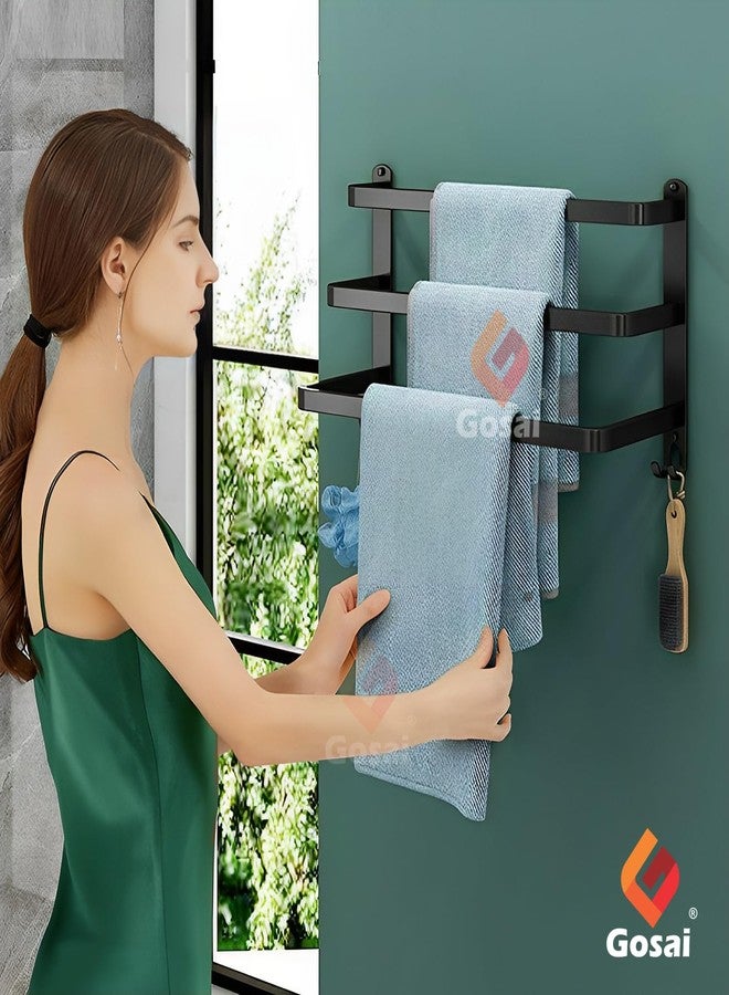 GOSAI Self Adhesive Towel Holder Bathroom Accessories Stainless Steel 3-Tier Towel Rack Towel Rack Rack Shelf for Bathroom Towel Holder Towel Rail Towel Hanger for Kitchen Towel Stand (Black,16 inch) - Image 2