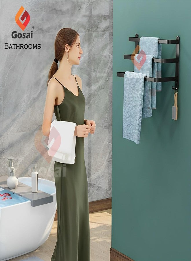GOSAI Self Adhesive Towel Holder Bathroom Accessories Stainless Steel 3-Tier Towel Rack Towel Rack Rack Shelf for Bathroom Towel Holder Towel Rail Towel Hanger for Kitchen Towel Stand (Black,16 inch) - Image 3