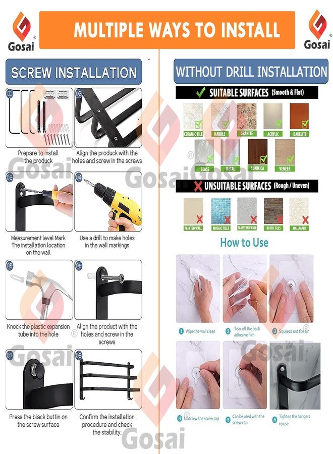 GOSAI Self Adhesive Towel Holder Bathroom Accessories Stainless Steel 3-Tier Towel Rack Towel Rack Rack Shelf for Bathroom Towel Holder Towel Rail Towel Hanger for Kitchen Towel Stand (Black,16 inch) - Image 5