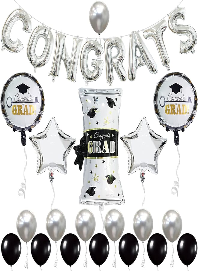KatchOn, Silver Congrats Balloons Set - Big 28 Inch, Pack of 27 | Graduation Balloons for Black and Silver Graduation Decorations 2024 | Congratulations Balloons, Graduation Decorations Class of 2024